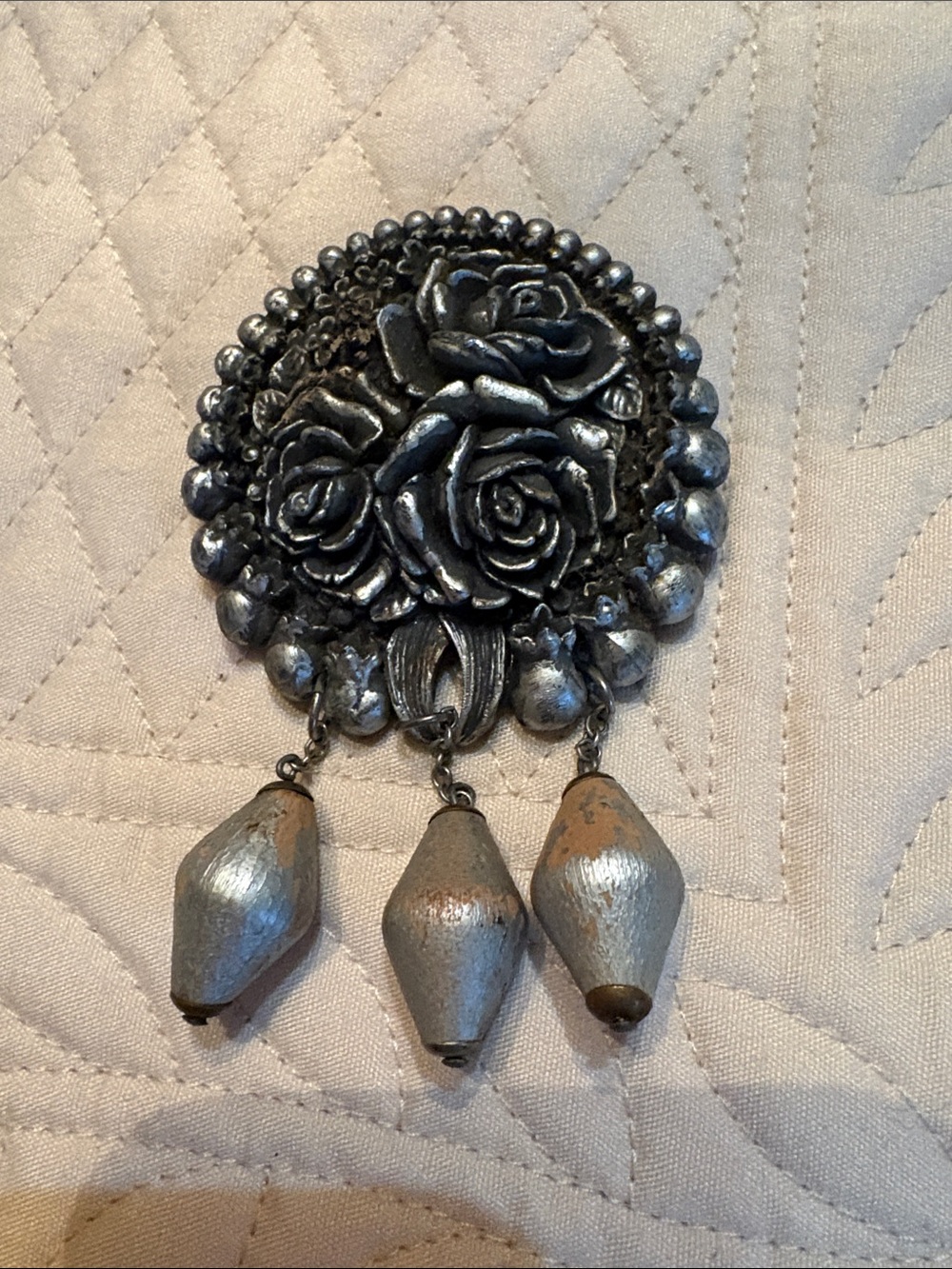 Vintage Silver-Tone Rosette Wood Carved Brooch with painted Dangling Beads
